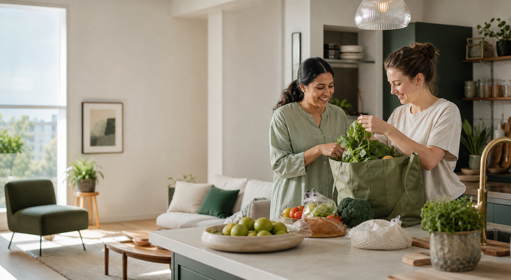 A home assistant helping organise fresh groceries in a bright kitchen