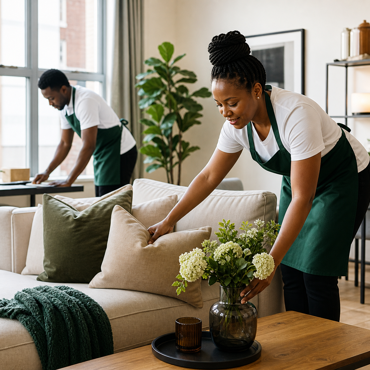 Home assistants arranging a welcoming living room
